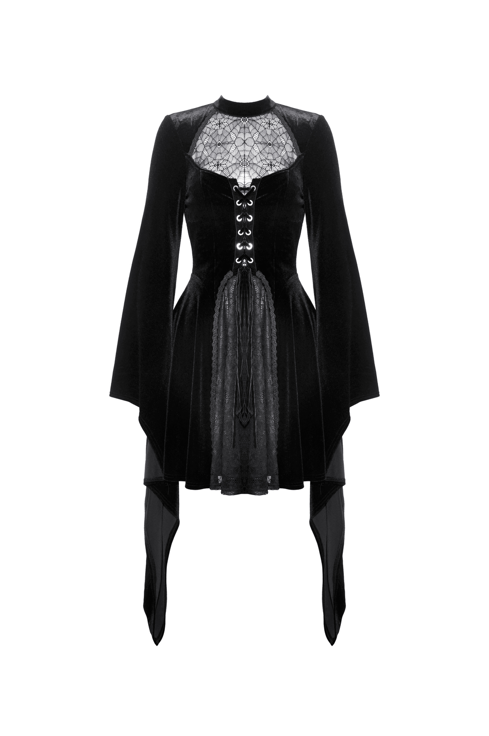 Elegant black velvet gothic dress with lace-up front and dramatic bell sleeves for women.
