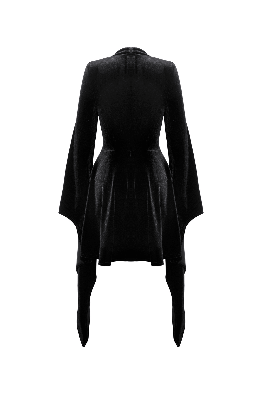 Elegant black velvet gothic dress with bell sleeves and lace-up detailing, perfect for dark fashion lovers.