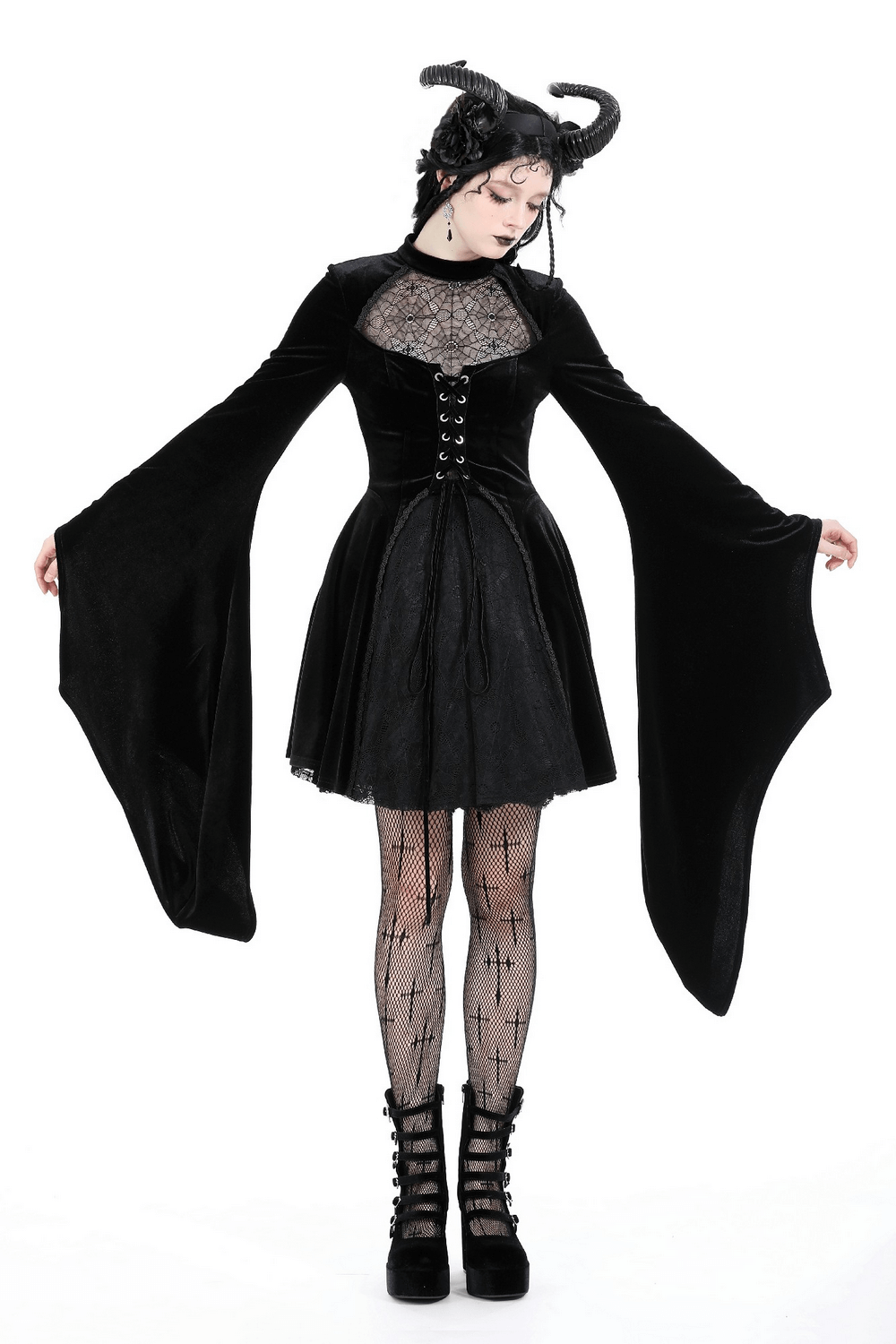Elegant black velvet gothic dress with lace-up front and dramatic bell sleeves, perfect for dark fashion lovers.