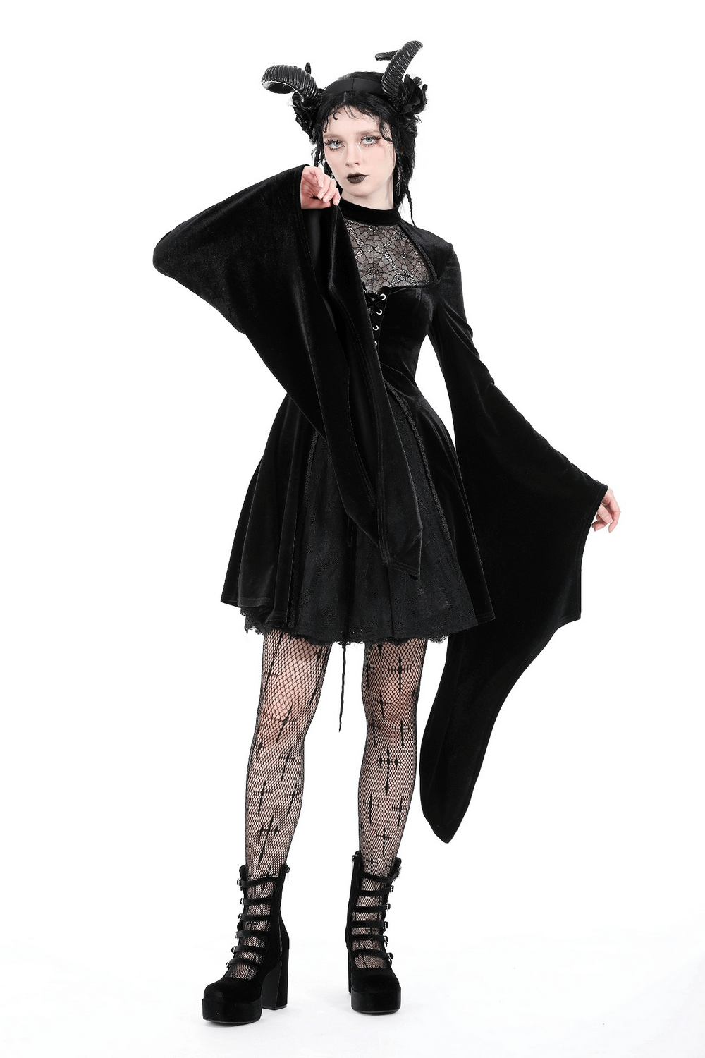 Elegant Black Velvet Lace-Up Gothic Dress for Women