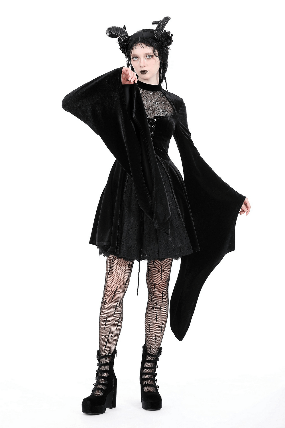 Elegant black velvet lace-up gothic dress with dramatic bell sleeves and lace detailing, perfect for dark fashion lovers.
