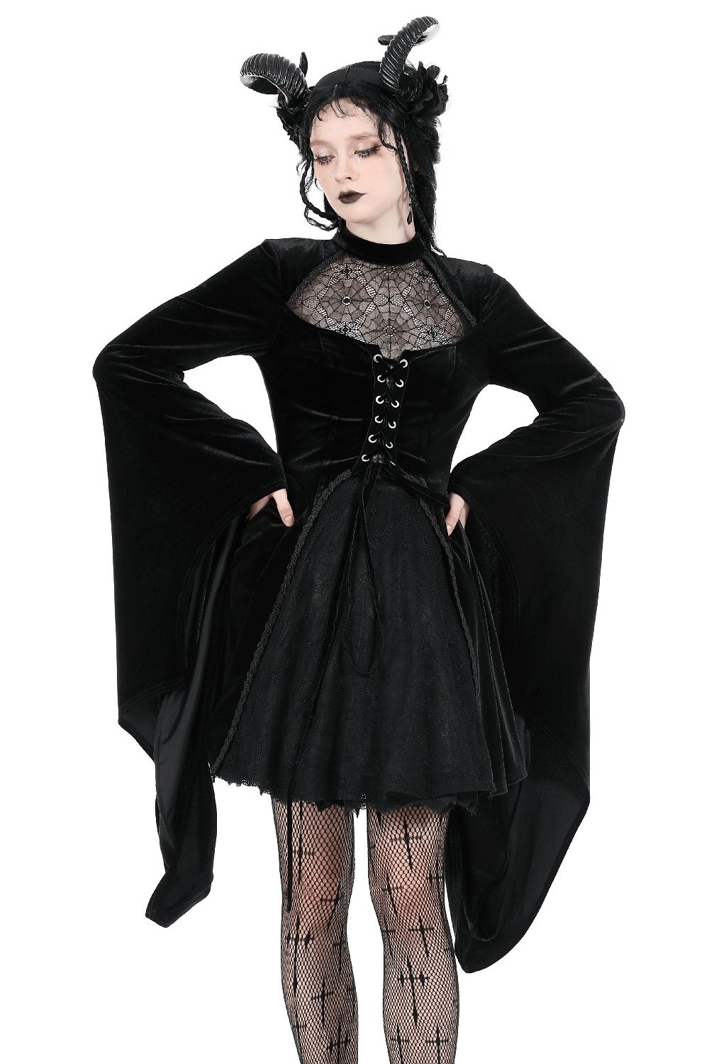 Elegant black velvet gothic dress with lace-up front and dramatic bell sleeves, perfect for dark fashion lovers.