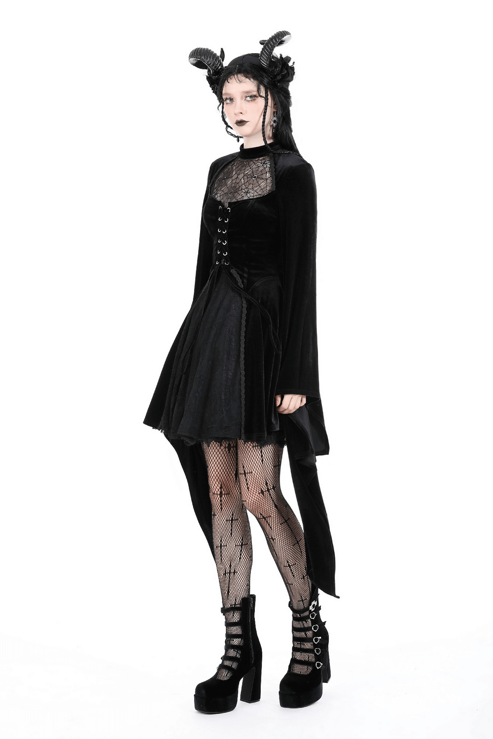 Elegant black velvet gothic dress with lace-up front and dramatic bell sleeves, perfect for dark fashion enthusiasts.