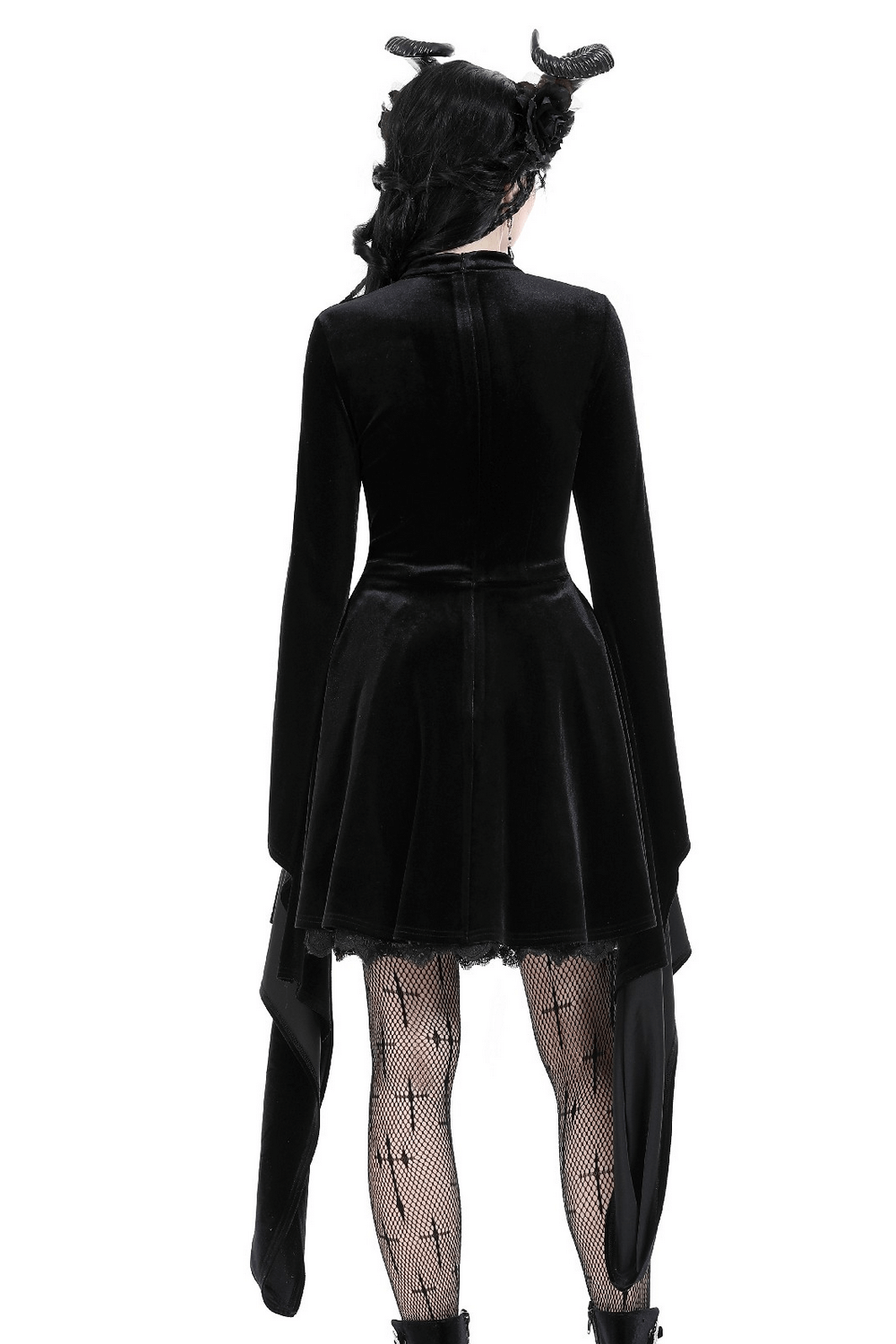 Back view of an elegant black velvet lace-up gothic dress with bell sleeves and stylish fishnet stockings.
