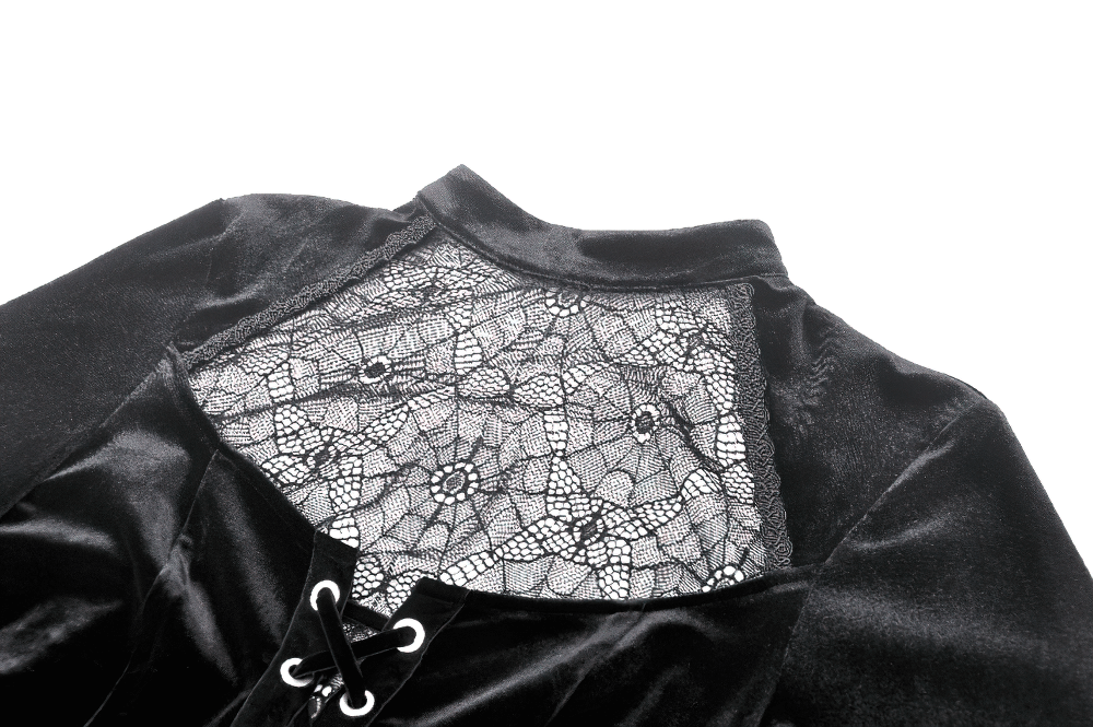 Elegant black velvet lace-up dress with intricate lace detailing and bell sleeves for gothic fashion.