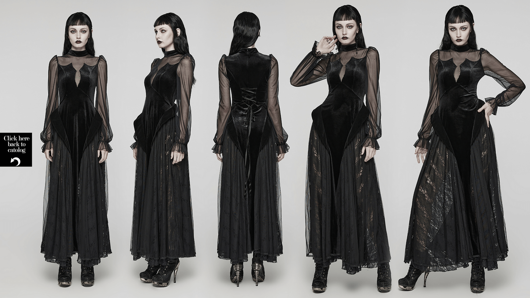 Elegant black velvet mesh dress with sheer sleeves and gothic charm, perfect for a striking silhouette.