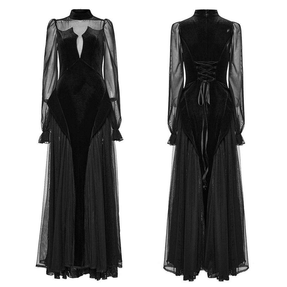 Elegant black velvet mesh dress with sheer sleeves and lace-up back, perfect for gothic charm.