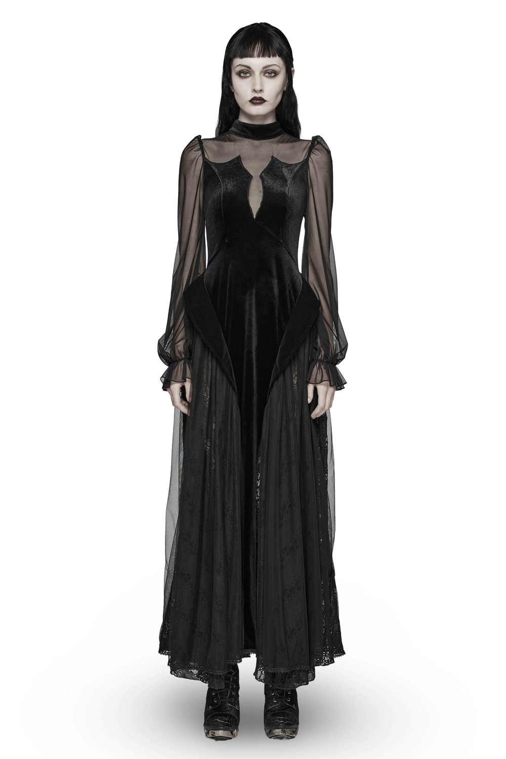 Elegant black velvet mesh maxi dress with sheer sleeves and gothic charm, perfect for striking silhouettes.