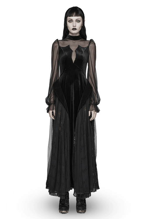 Elegant Black Velvet Mesh Dress with Gothic Charm