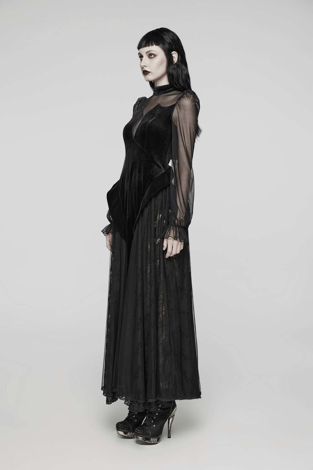 Elegant black velvet mesh dress with sheer sleeves and gothic charm, perfect for making a bold statement.