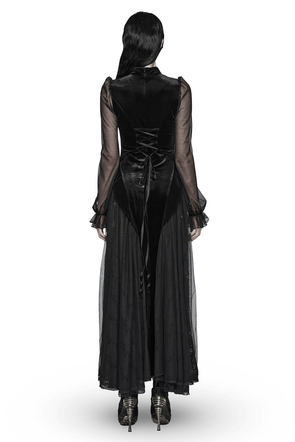 Elegant Black Velvet Mesh Dress with Gothic Charm