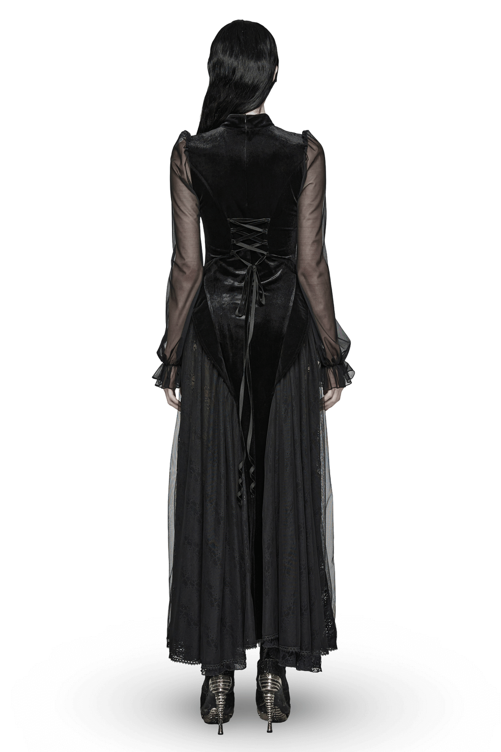 Back view of an elegant black velvet mesh dress with sheer sleeves and lace-up details for a gothic charm.