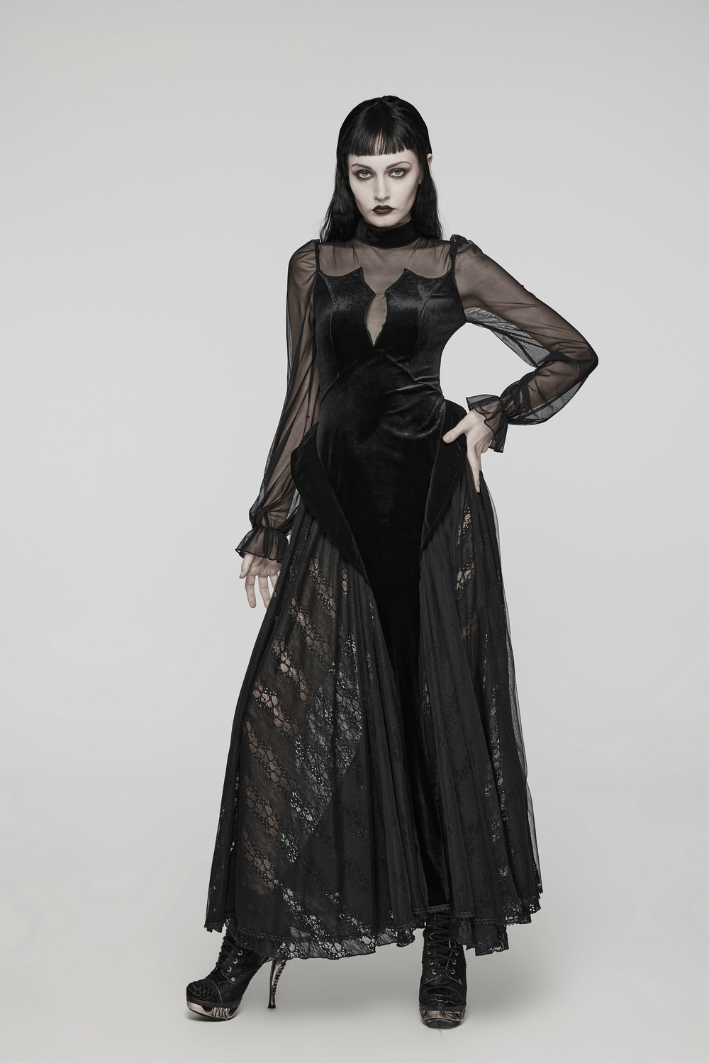 Elegant black velvet mesh dress with sheer sleeves and gothic charm, perfect for striking fashion statements.