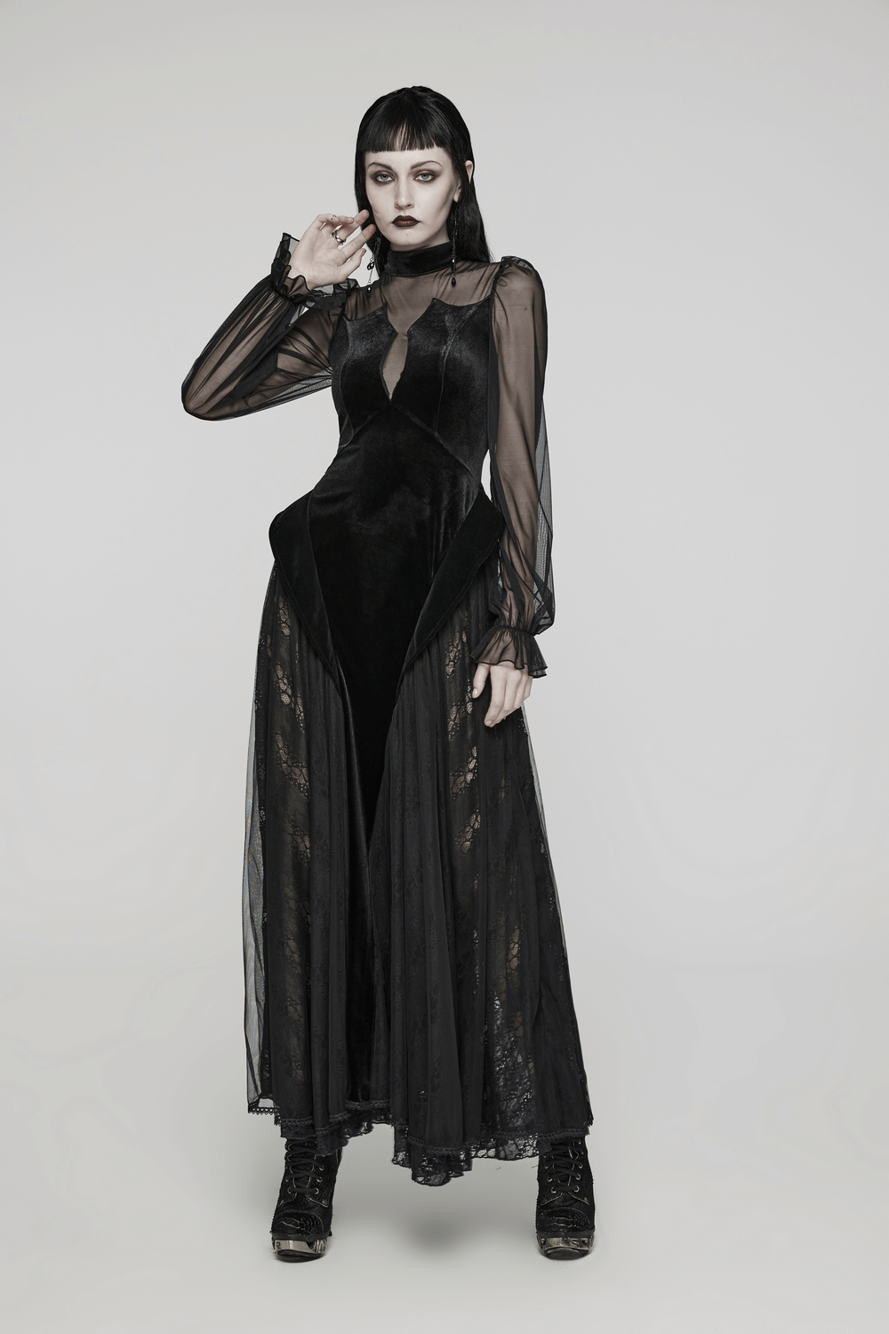 Elegant Black Velvet Mesh Dress with Gothic Charm