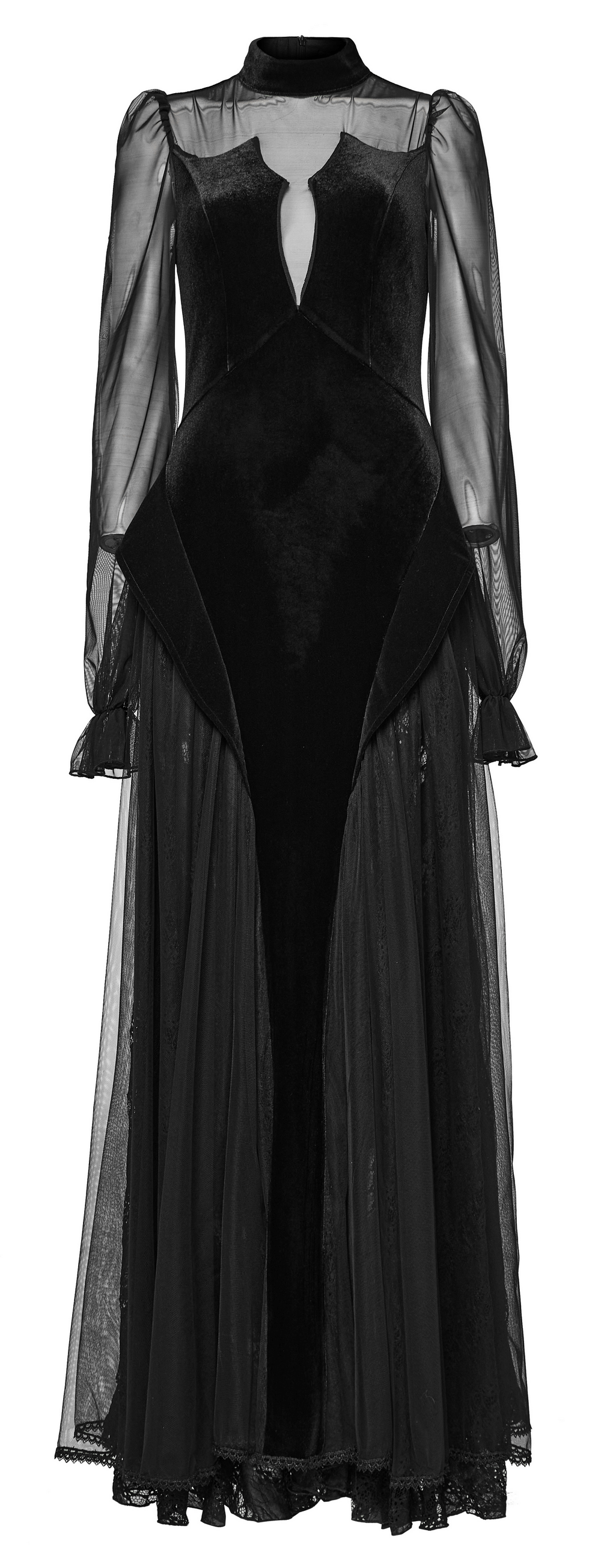 Elegant black velvet mesh dress with sheer sleeves and lace-up back for a gothic-inspired look.