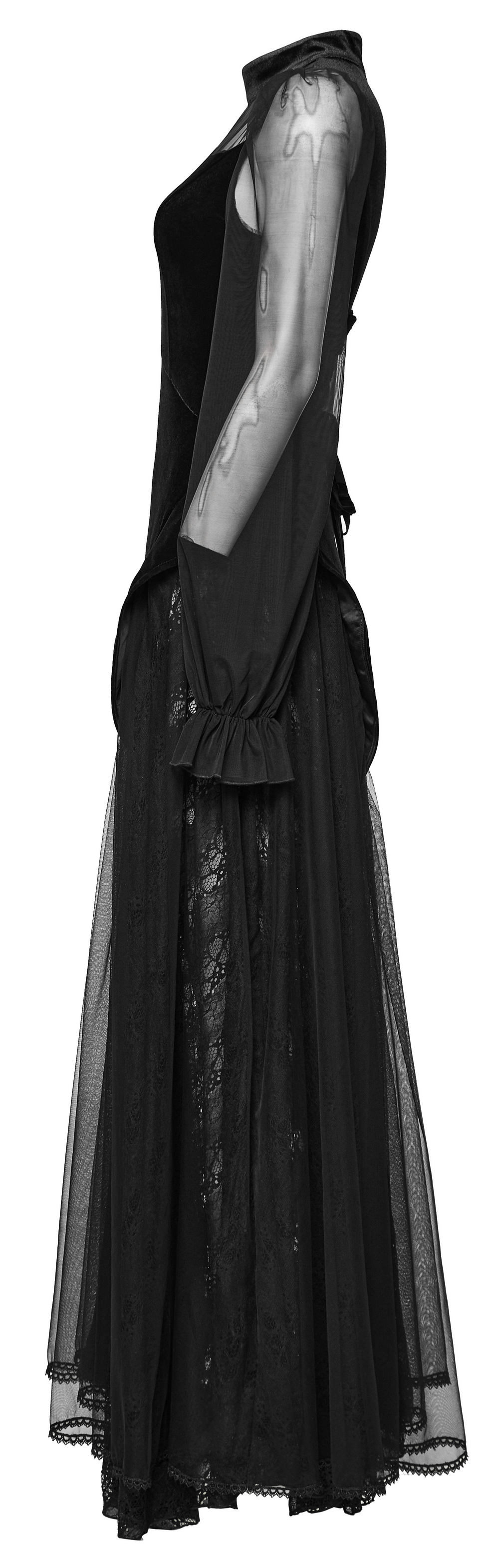 Elegant black velvet mesh dress with sheer sleeves and lace detailing, perfect for gothic-inspired fashion.