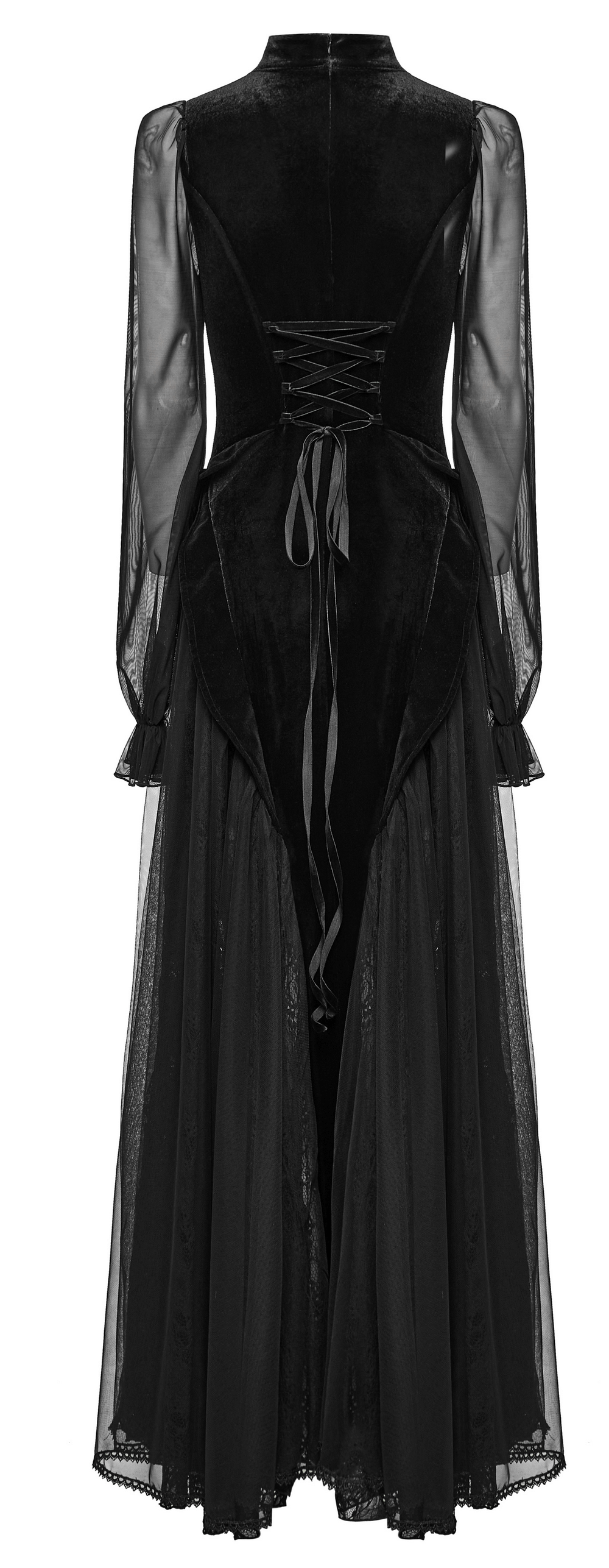 Elegant black velvet mesh dress with sheer sleeves and lace-up back design for a gothic charm.