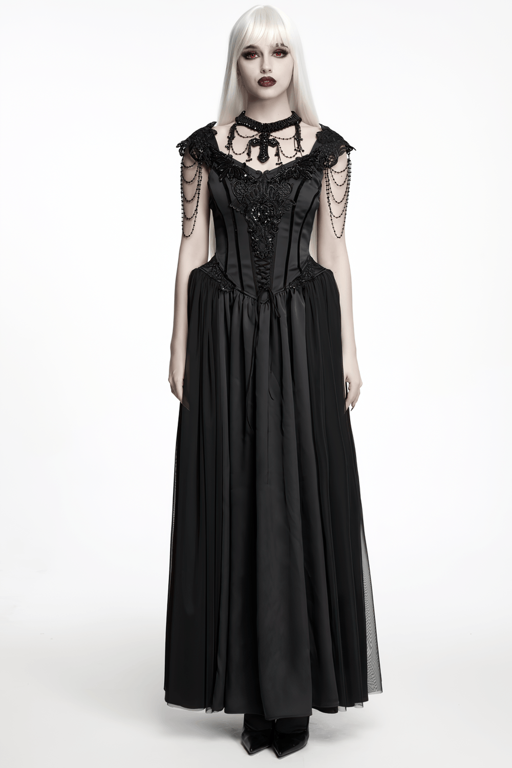 Elegant Black Victorian Gothic Lace Corset Maxi Dress on a model, showcasing intricate embroidery and flowing layers.