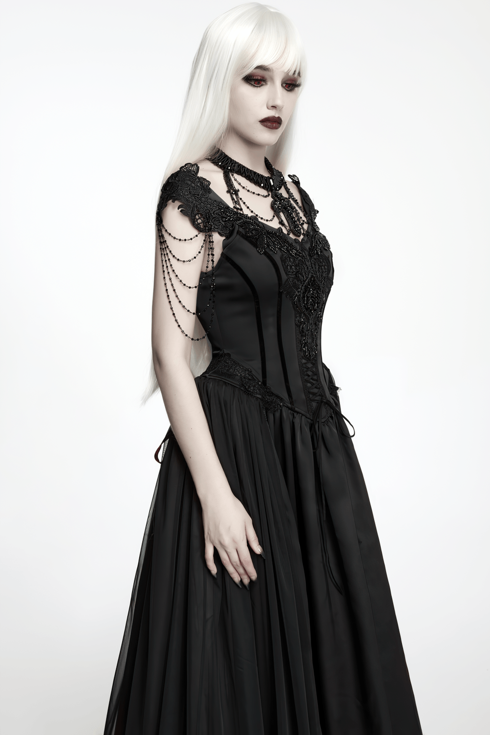 Elegant Black Victorian Gothic Lace Corset Maxi Dress showcasing elegant embroidery and dramatic mesh layers.