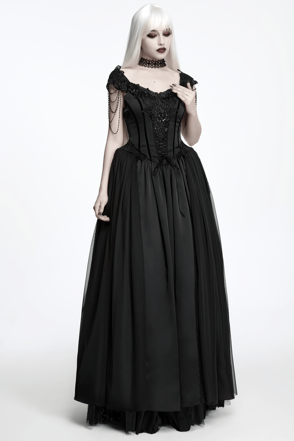 Elegant Black Victorian Gothic Lace Corset Maxi Dress worn by a model showcasing intricate embroidery and mesh details.