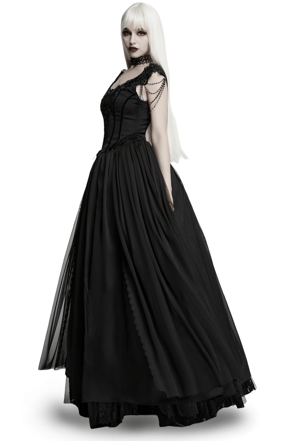 Elegant Black Victorian Gothic Lace Corset Maxi Dress modeled by a model with white hair, elegant gothic style.