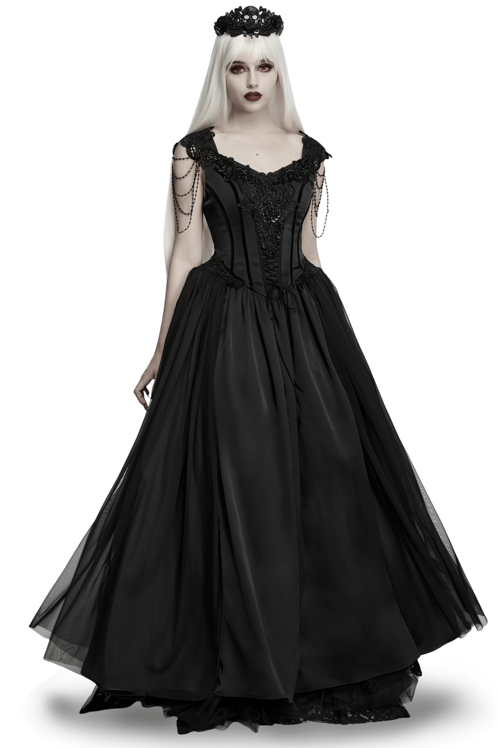 Elegant Black Victorian Gothic Lace Corset Maxi Dress featuring intricate embroidery and a dramatic flowing skirt.