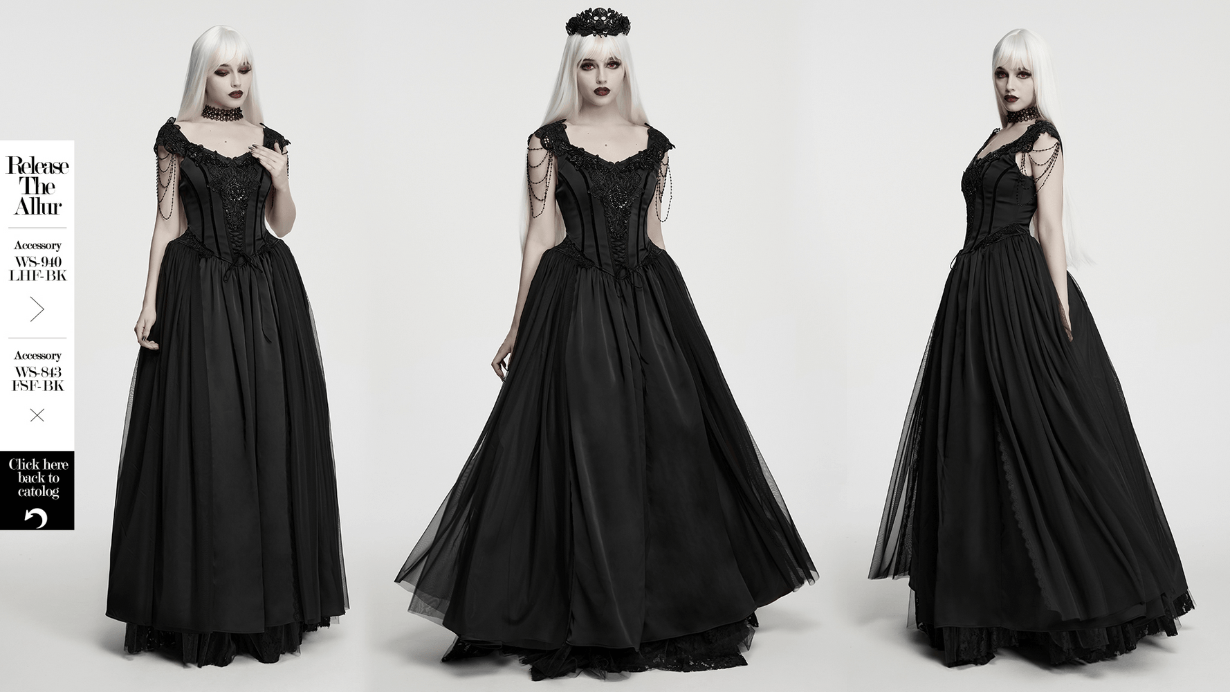 Elegant Black Victorian Gothic Lace Corset Maxi Dress on a model with dramatic makeup and black accessories.