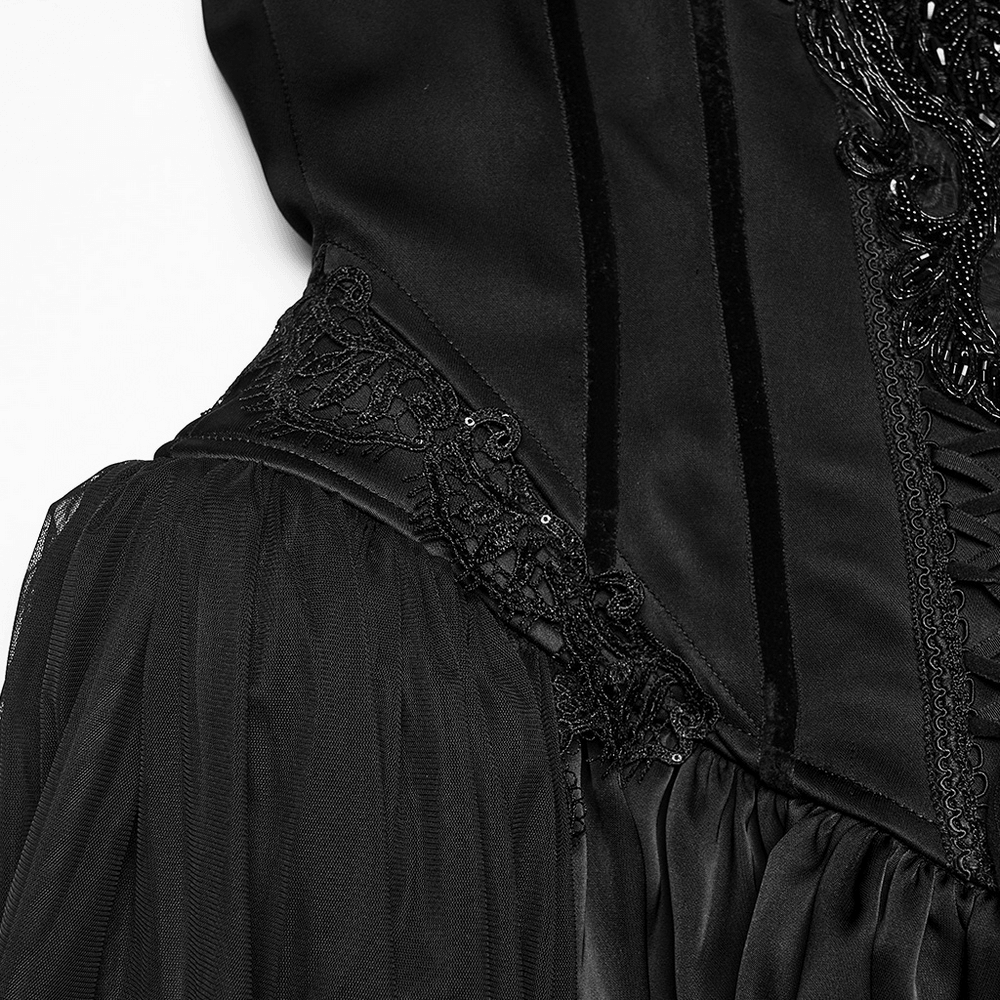 Elegant Black Victorian Gothic Lace Corset Maxi Dress close-up of embroidered detailing and mesh layers