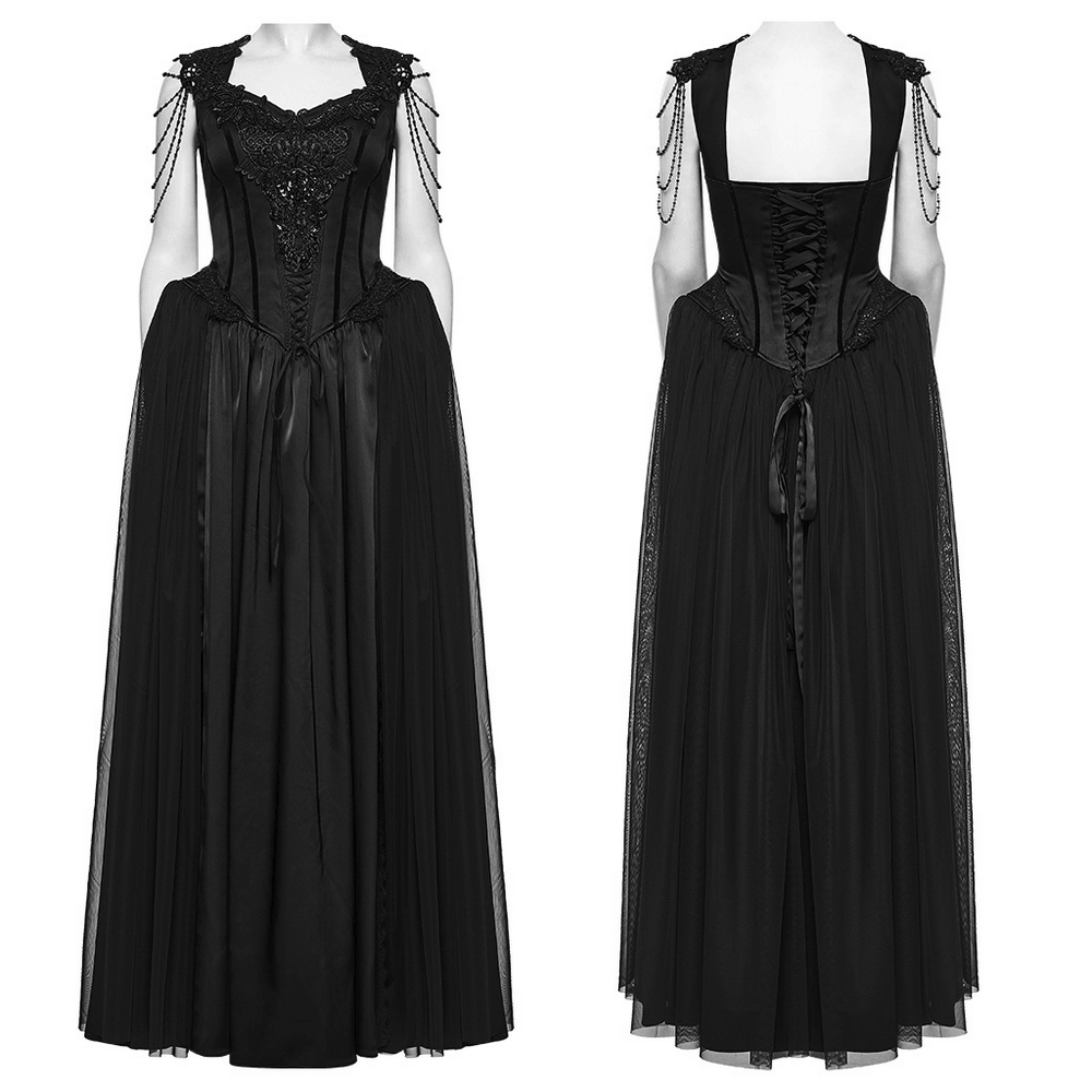 Elegant Black Victorian Gothic Lace Corset Maxi Dress showcasing intricate embroidery and elegant mesh layers.