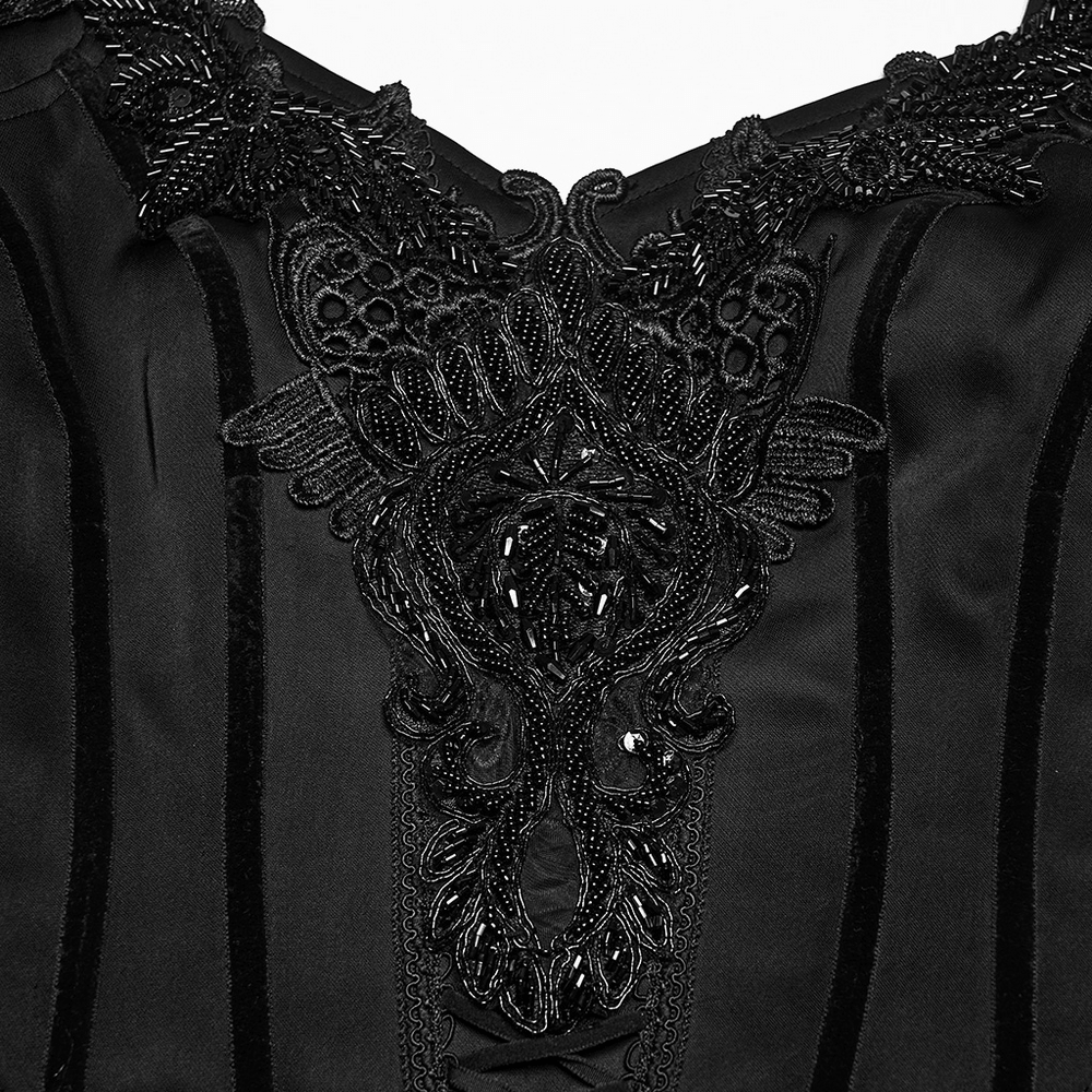Elegant Black Victorian Gothic Lace Corset Maxi Dress close-up of embroidered V-neckline details.