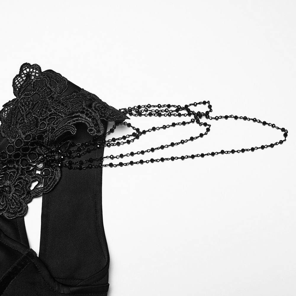 Elegant Black Victorian Gothic Lace Corset Maxi Dress detail with embroidery and detachable chains.