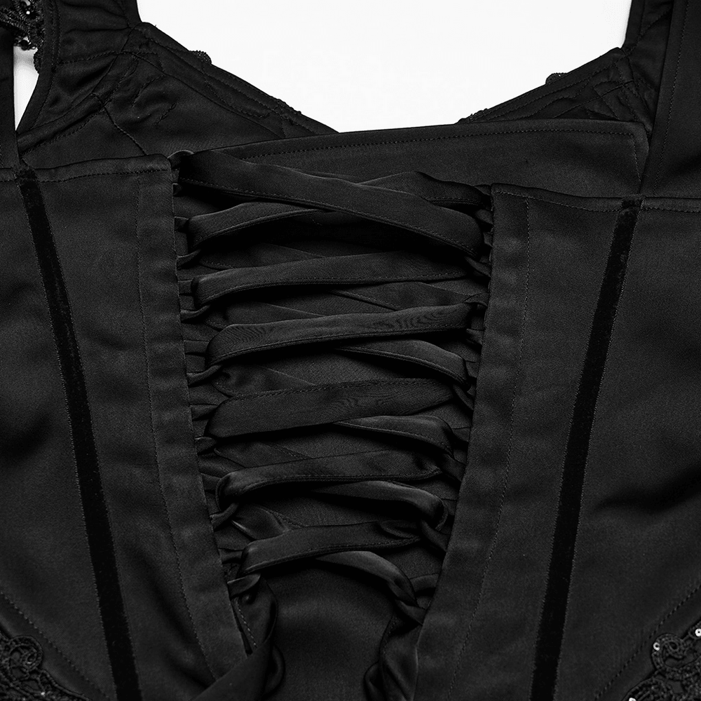 Elegant Black Victorian Gothic Lace Corset Maxi Dress close-up of intricate lacing detail on the bodice.
