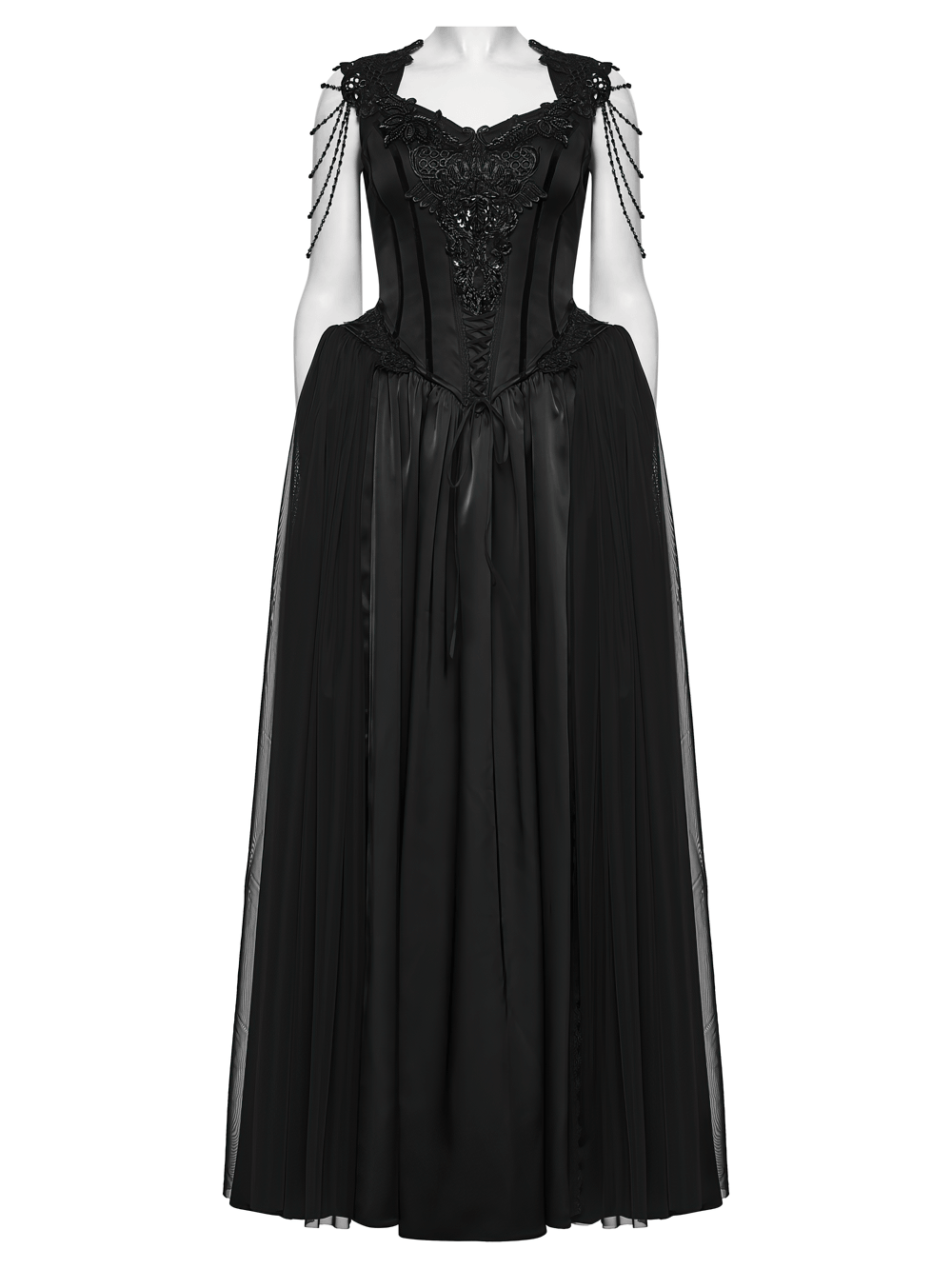 Elegant Black Victorian Gothic Lace Corset Maxi Dress featuring embroidery, mesh layers, and a structured bodice.
