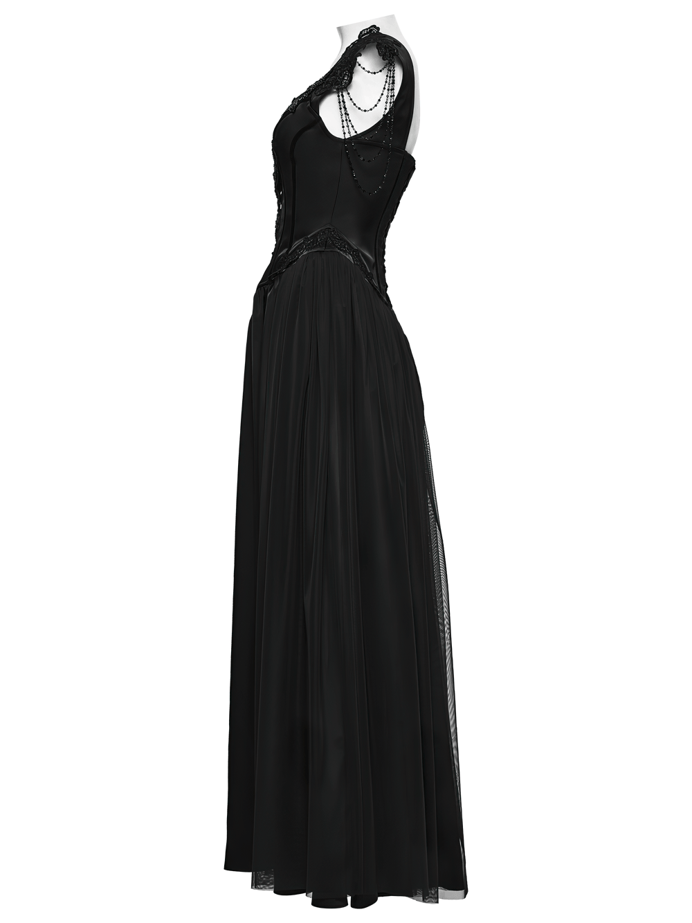 Elegant Black Victorian Gothic Lace Corset Maxi Dress featuring mesh layers and intricate embroidery.
