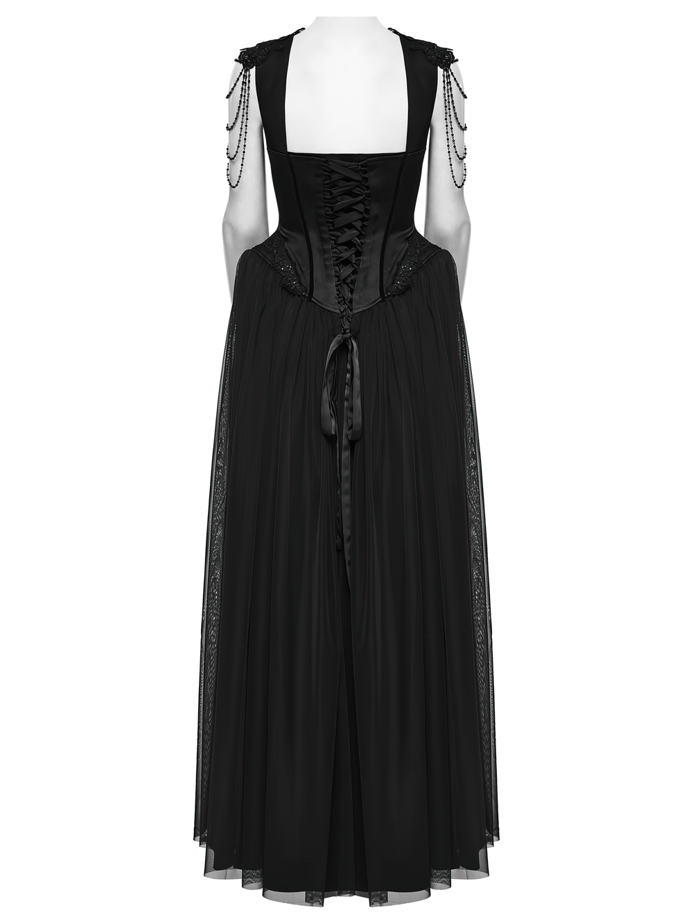 Elegant Black Victorian Gothic Lace Corset Maxi Dress back view showcasing intricate design and flowing fabric.