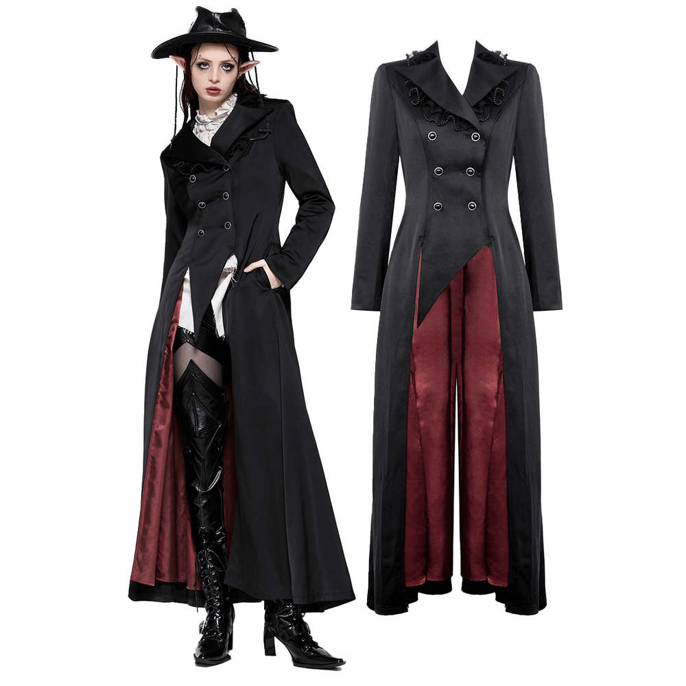 Elegant black Victorian-inspired coat with satin red lining, perfect for steampunk style and gothic fashion enthusiasts.