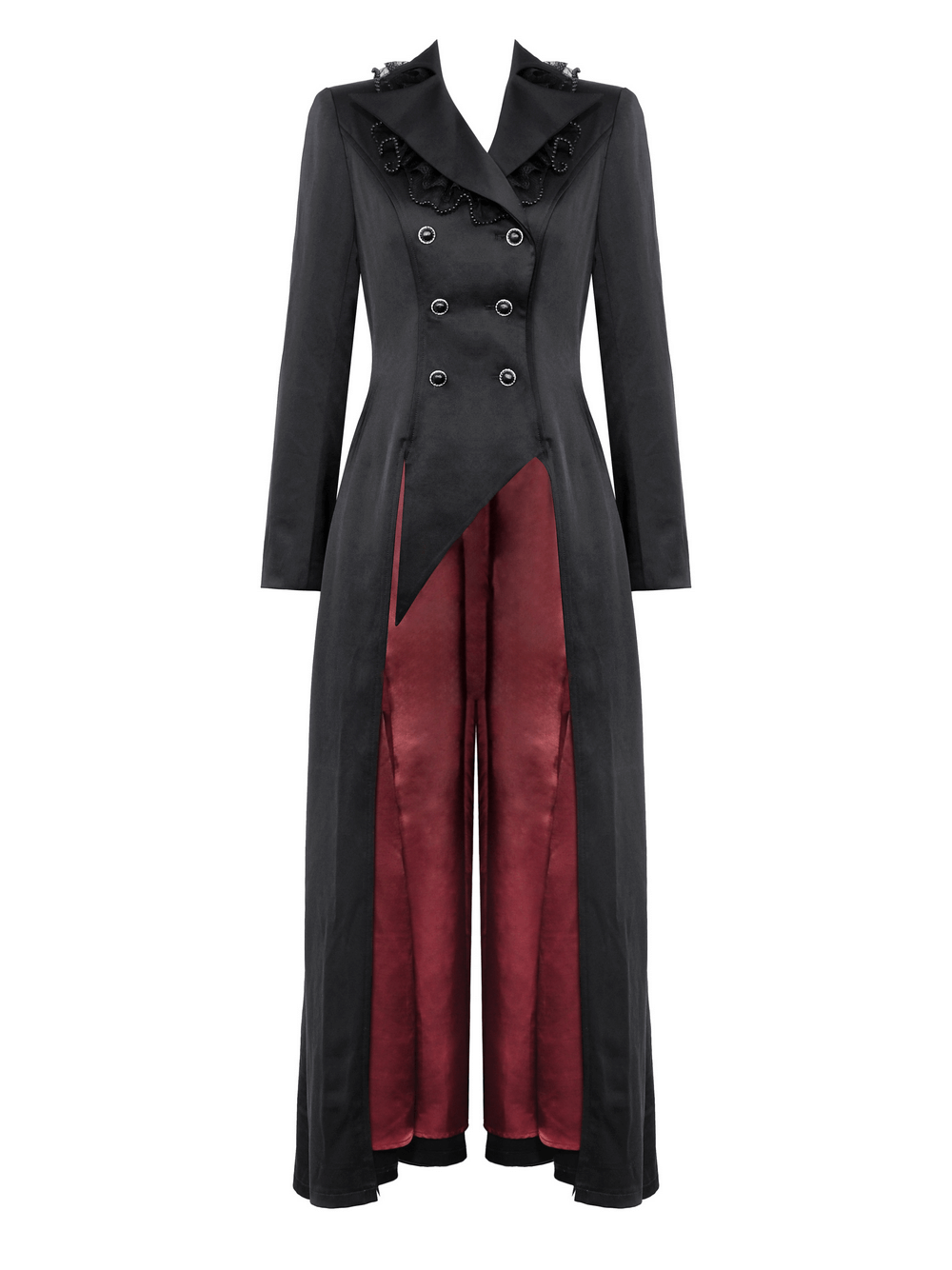 Elegant black Victorian-inspired coat with satin red lining and ruffle accents, ideal for steampunk and gothic fashion.