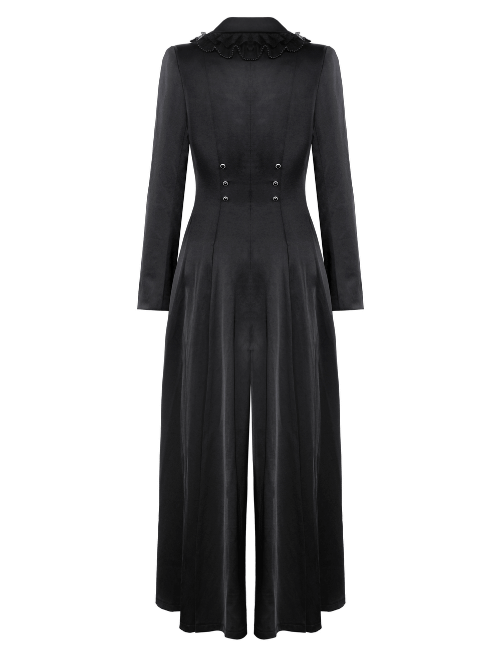 Elegant black Victorian-inspired long coat with satin details and double-breasted design. Perfect for Gothic and steampunk fashion.