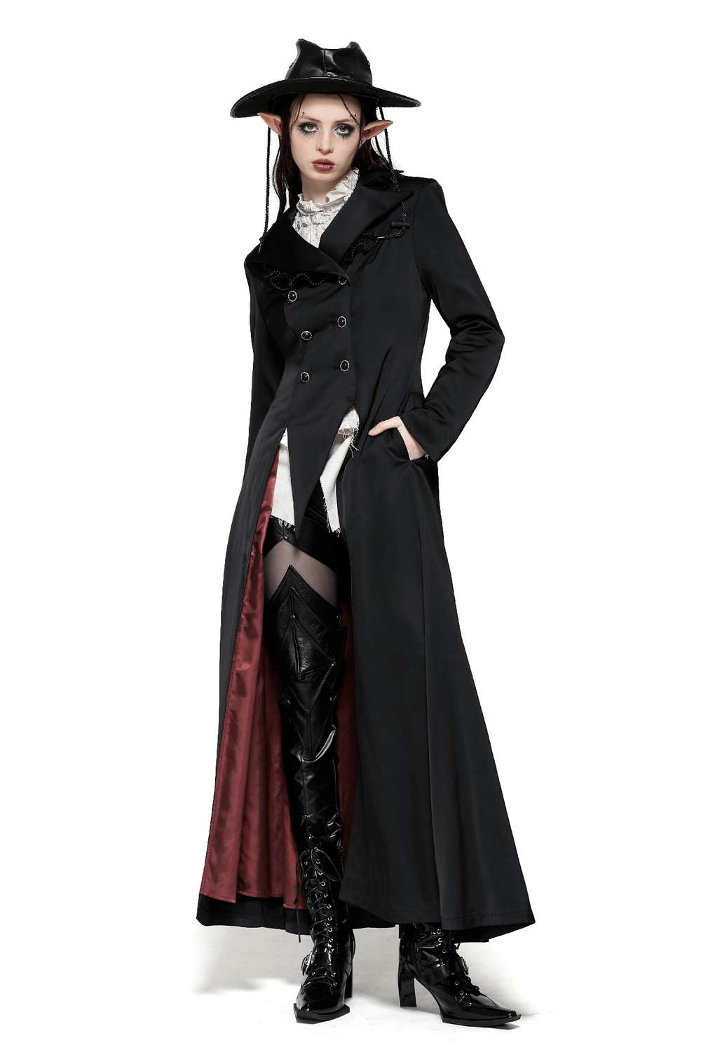 Elegant black Victorian-inspired coat with satin lining, double-breasted design, and gothic fashion vibe. Perfect for cosplay!