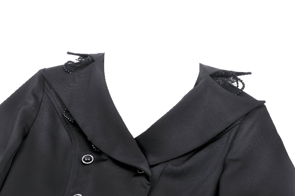 Elegant black Victorian coat with dramatic lapels and double-breasted design, perfect for steampunk and gothic style.