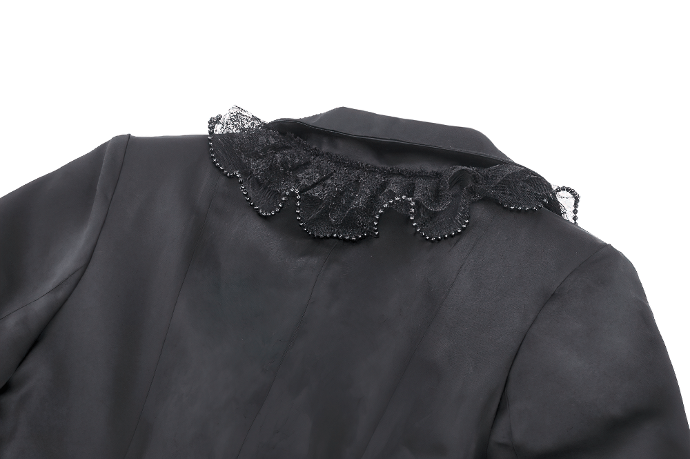 Elegant black coat collar with ruffle lace detailing, perfect for gothic and steampunk fashion enthusiasts.