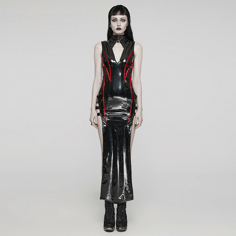 Elegant black vinyl long dress with red ribbons, high slits, and edgy metallic details, perfect for punk rock style.