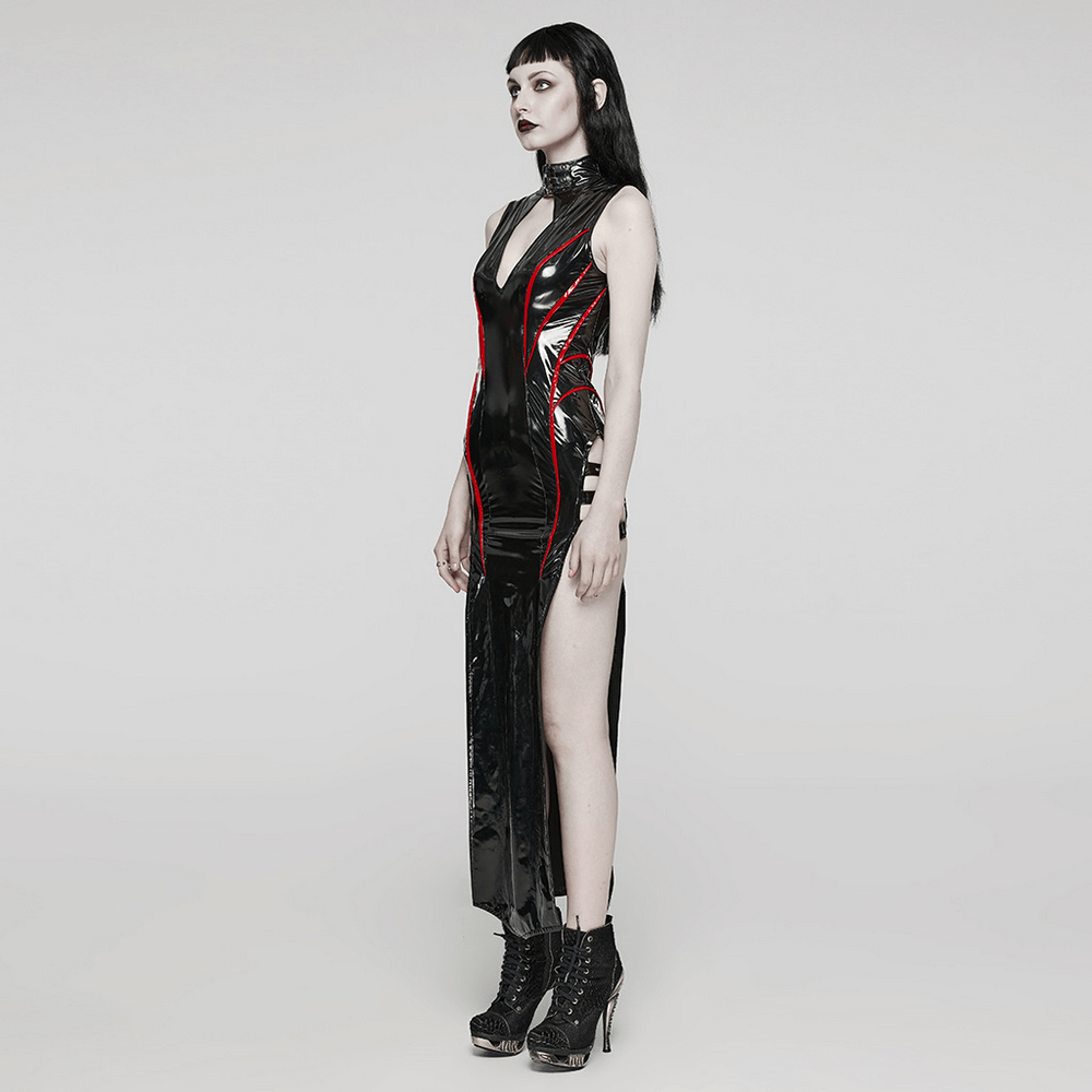 Elegant Black Vinyl Long Dress with Red Ribbons Elegant Black Vinyl Long Dress with Red Ribbons