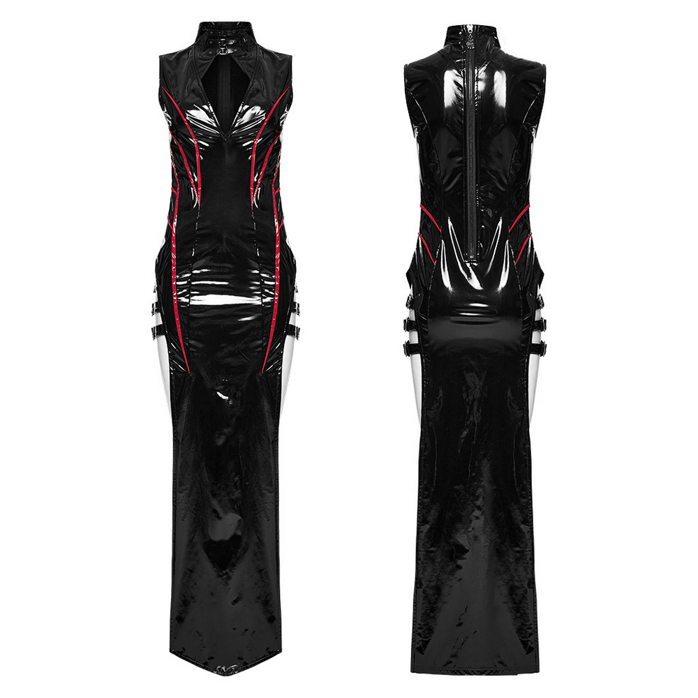 Elegant Black Vinyl Long Dress with Red Ribbons