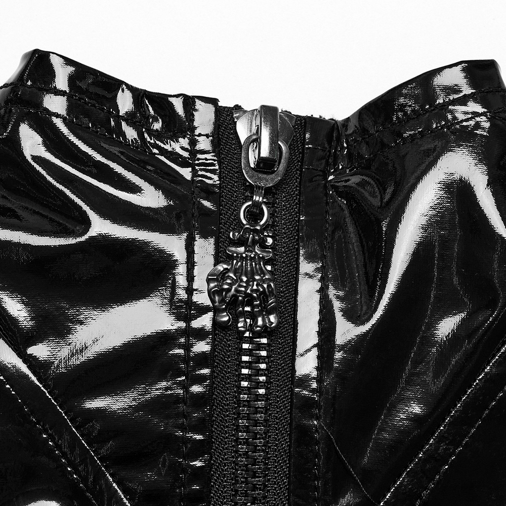 Close-up of a glossy black faux leather dress zipper with a metal accent, showcasing its edgy punk design.