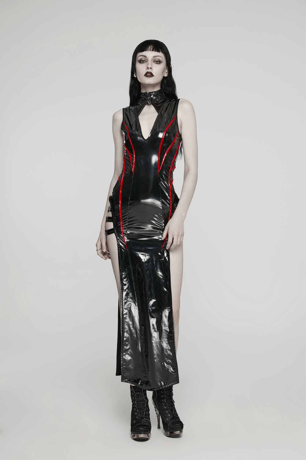 Elegant Black Vinyl Long Dress with Red Ribbons Elegant Black Vinyl Long Dress with Red Ribbons