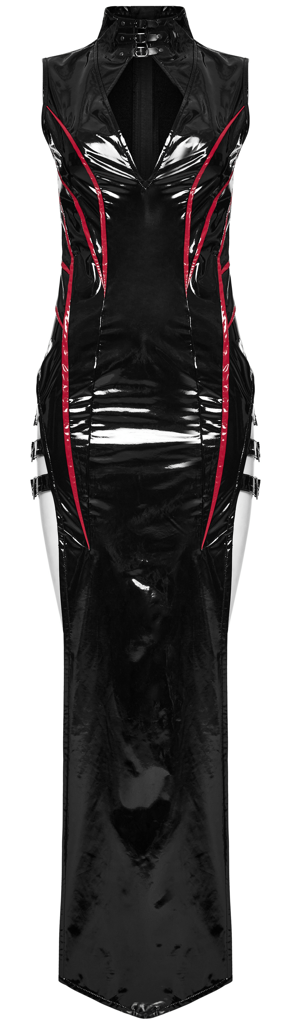 Elegant Black Vinyl Long Dress with Red Ribbons