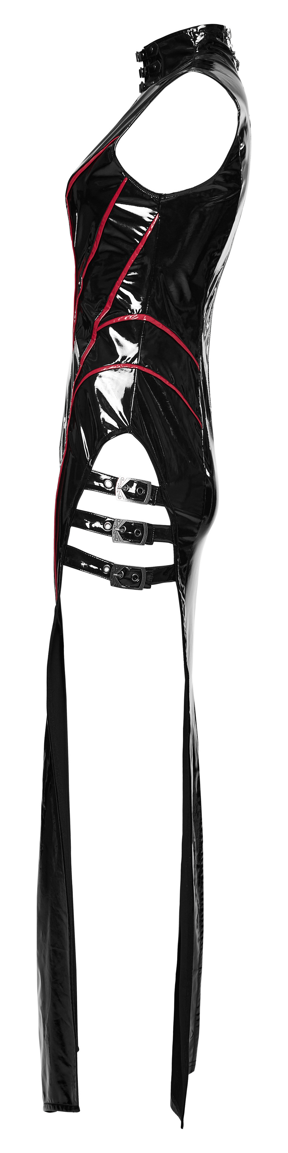 Elegant black vinyl long dress with red ribbons and bold slits, perfect for a punk rock style statement.