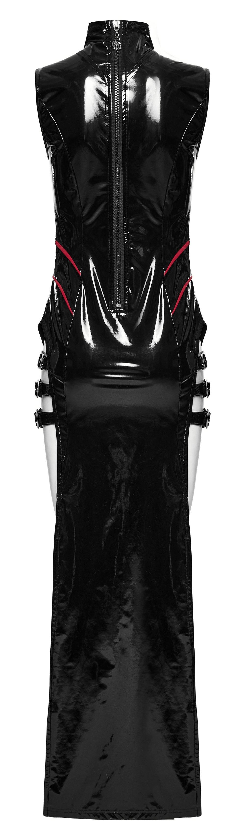 Elegant black vinyl long dress with red ribbons and edgy side slits, perfect for a punk rock look.