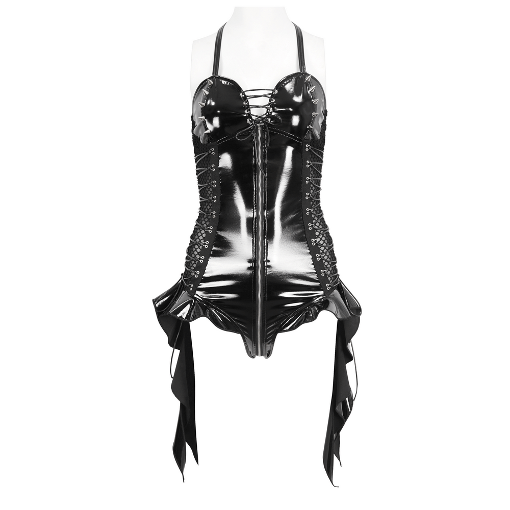 Elegant black vinyl bodysuit with zip front and lace-up detailing, perfect for a sultry night out.
